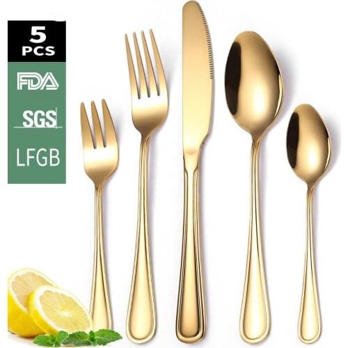 5 Piece Double Line Tableware Set Creative Western Steak Knife Fork Spoon Gold Stainless Steel Knife Fork dinnerware Polishing