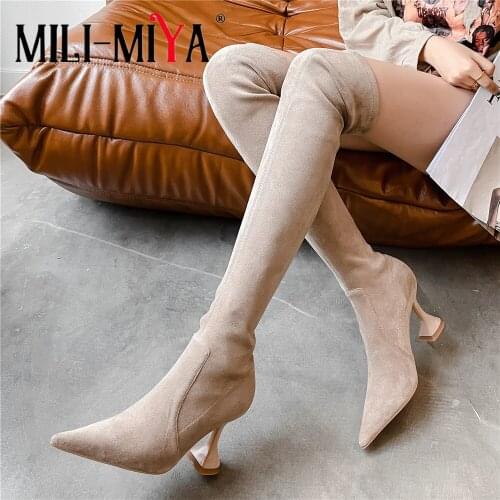 MILI-MIYA 2021 New Over The Knee Boots Nubuck Stretch Fabrics High Heel Slip On Sexy Pointed Toe Women Party Night Club Shoes