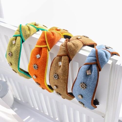 New Flannel Rhinestone Hairband Women Solid Wide Side Headband Middle Knot Turban Girls Women Winter Hair Accessories Headwear