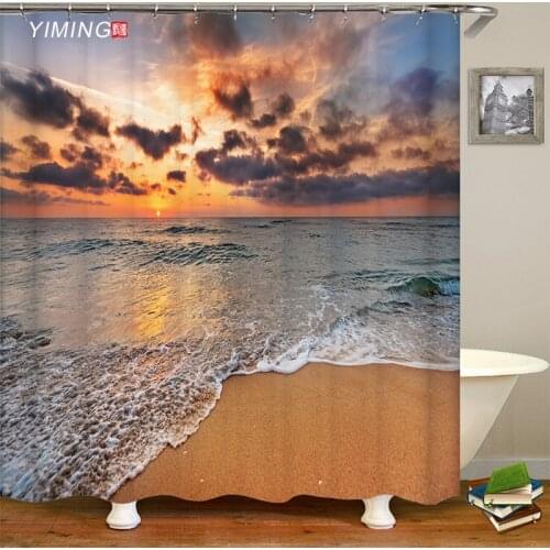 New seaside sunset scenery bathroom waterproof shower curtain home decoration polyester hook curtain waterproof curtain