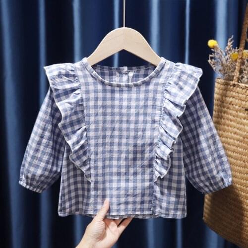Sweet Plaid Shirt for Girls 95% Cotton Ruched Spring Cloth Baby Girl Blue Yellow Long Sleeve Tops Ruffles Children Outfits