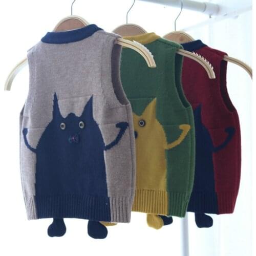 Autumn Winter New Cartoon Monster Baby Sweater Boys Girls V-neck Knitted Vest Kids Children Sleeveless Cardigan