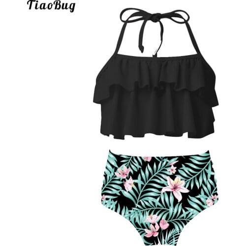 TiaoBug Summer 2Pcs Kids Girls Adjustable Halter Swimwear Swimsuit Pool Beach Bathing Suit Ruffled Tops With Floral Print Bottom