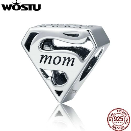 WOSTU Super Mom Beads Genuine 925 Sterling Silver Charm Fit Original Bracelets & Bangles Pendant Necklace Mother Gift FIC429