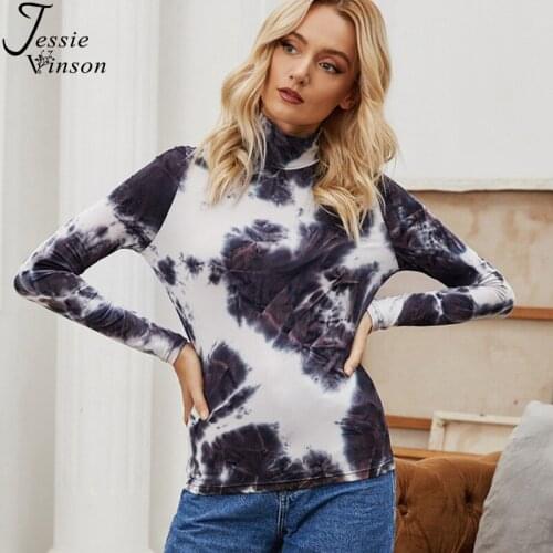 Jessie Vinson Chic Tie Dye Print T-shirt Women Long Sleeve Turtle Neck Print Tshirt Tops Sexy Skinny Tee Spring Woman Tshirts
