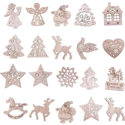 10pcs Christmas Wooden Pendants House Angel Star Snowflake Shape Creative Xmas Tree Hanging Decor for Xmas Party Decoration