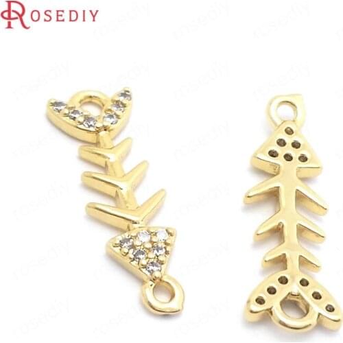 37824)6PCS 19x6MM 24K Gold Color Brass and Zircon Fish Bone Charms Pendants Jewelry Making Supplies Diy Findings Accessories