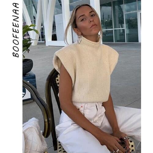 BOOFEENAA Shoulder Pads High Neck Sweater Vest Women Fashion Elegant Solid Knitted Pullover Jumper Winter Tops C76-CE31