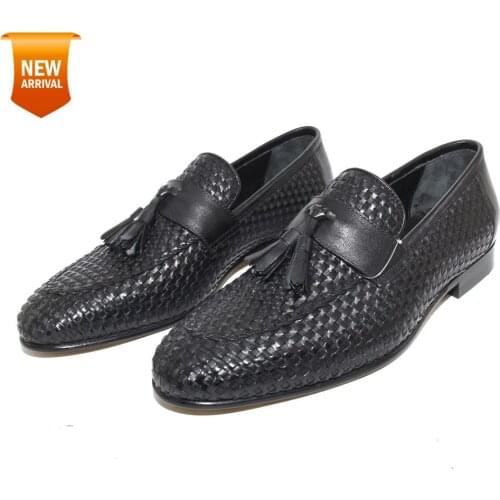 Handmade Black Loafers with Woven Knitted Leather and Genuine Leather Soles, Premium Casual Formal Handcrafted Footwear, 2021
