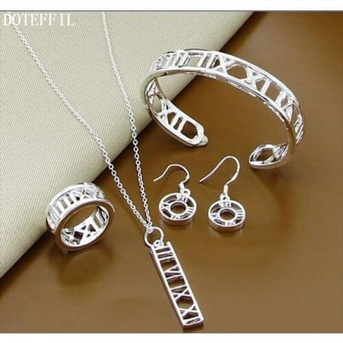 DOTEFFIL 925 Sterling Silver Roman Numerals Earring Necklace Bangle Ring Set For Woman Wedding Engagement Party Charm Jewelry
