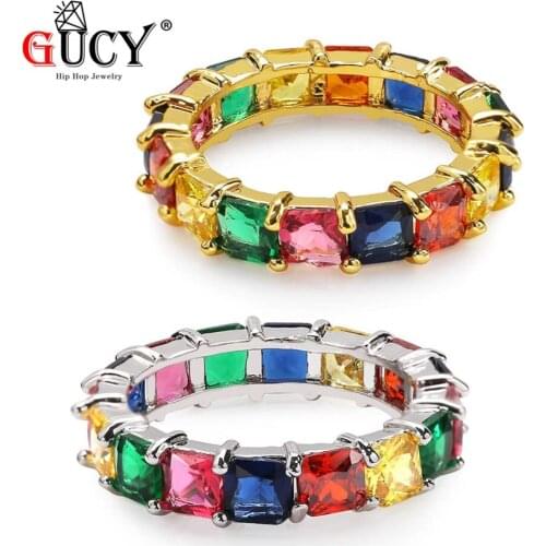 GUCY Hip Hop Colorful Square Cubic Zircon Ring Micro Pave Multi Color CZ Stones Classic Mens Punk Style Jewelry For Gift