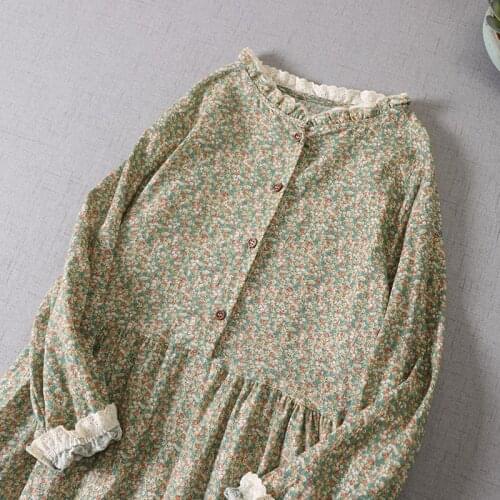 Lamtrip Spring Full Rustic Village Flowers Print Ruffled Collar Long Sleeve Cotton Dress 2021 New
