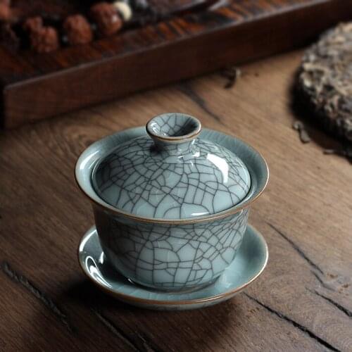 [GRANDNESS] Chinese Ge Kiln Longquan Celadon Porcelain Gaiwan China Teacups and Tea Bowl Ceramic 155ml Crackle Glaze Tea Pot
