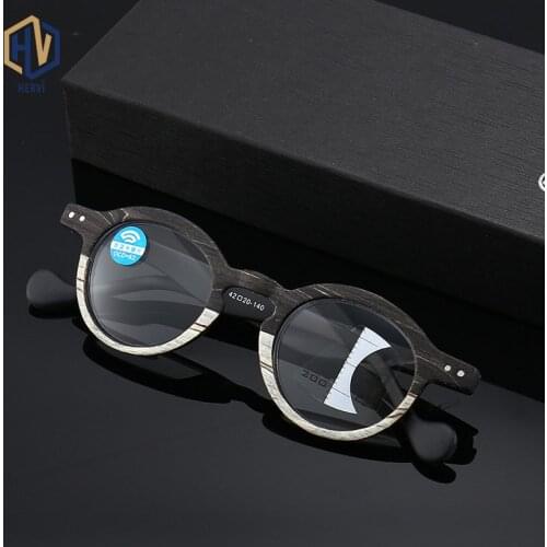 Round Frame Wood Grain Anti Blue light Intelligent Progressive Multifocal Reading Glasses Man Woman Dual Purpose Reading Glasses