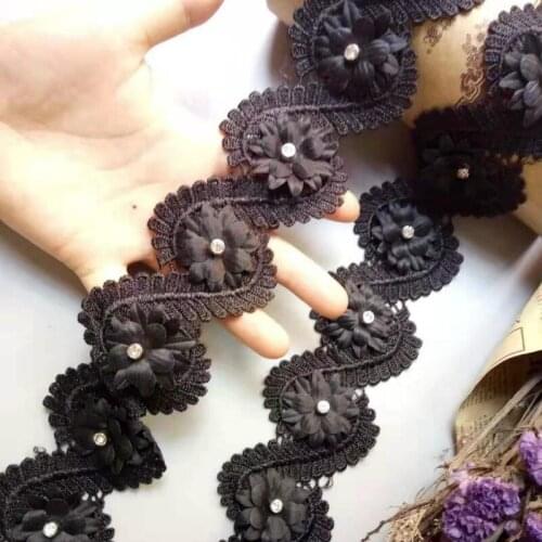 20pcs/lot Black Cotton Pearl Flowers Leaf Embroidered Lace Trim Ribbon Fabric Sewing Supplies Craft For Garment Hat Decoration