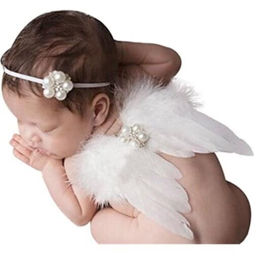 Fashion Girls Hairband with Rhinestone Flower Hair Accessory New Newborn Baby Angle Wing with Headband Photography Props
