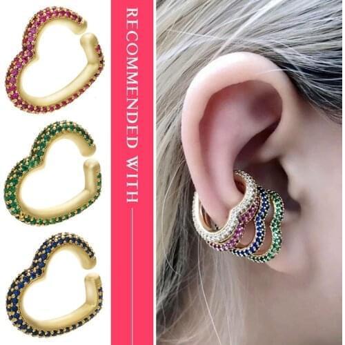 One Pcs Fashion Heart Shape Premium Design Colorful Micro Pave Zircon Cool Ear Clips Non pierced Earrings For woman Ear Jewelry
