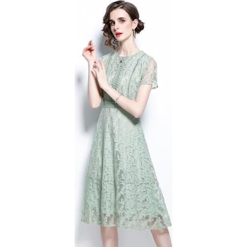 2021 New Women Dresses Lace Office Lady A-LINE Mid-Calf Women Dresses O-Neck Vintage Elegant Party Night Women Summer Dresses