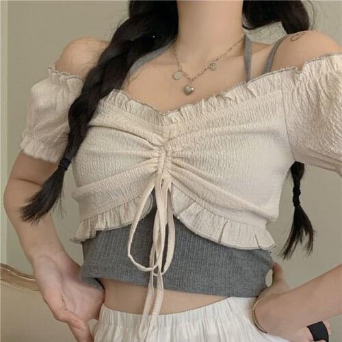 The new summer women tops students slim slim short shirt fold design cute shoulders + belt vest 02-TP-rxxsxs