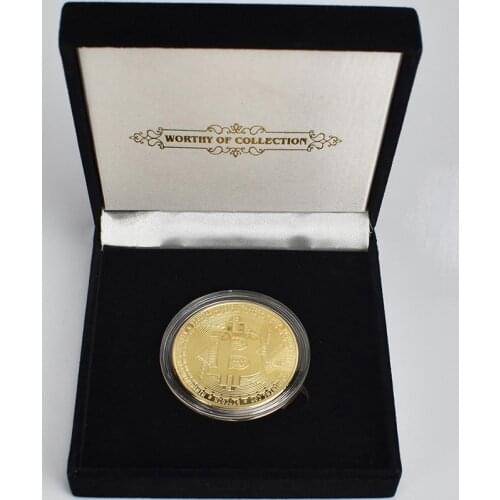 Gold Plated Bitcoin Coin with Black Gift Box Metal Commemorative Cryptocurrency Coin Home Decro
