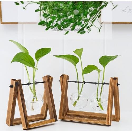 Transparent vase wooden frame vase decoration table glass bonsai plant flower decoration vase