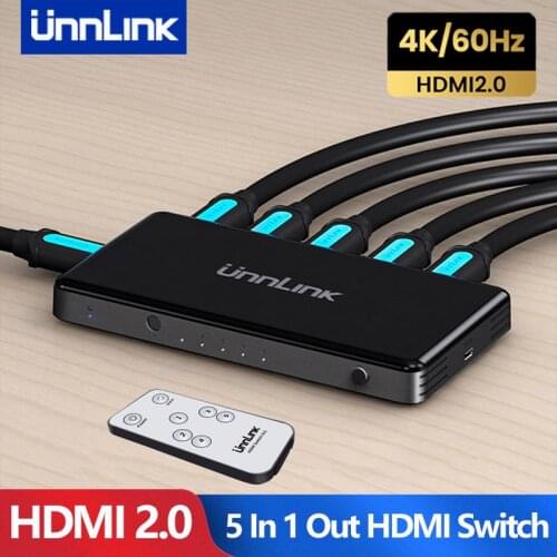 Unnlink HDMI-compatible Switch 5x1 UHD4K@60Hz RGB4:4:4 HDCP 2.2 HDR 5 In 1 Out for Smart TV MI Box3 PS4pro Projector