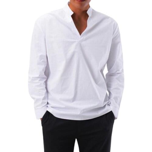 Long Sleeve Male Shirt V Neck Solid Color Stand Collar Slim Shirt Casual Autumn Male White Shirt Streetwear Vacation Party