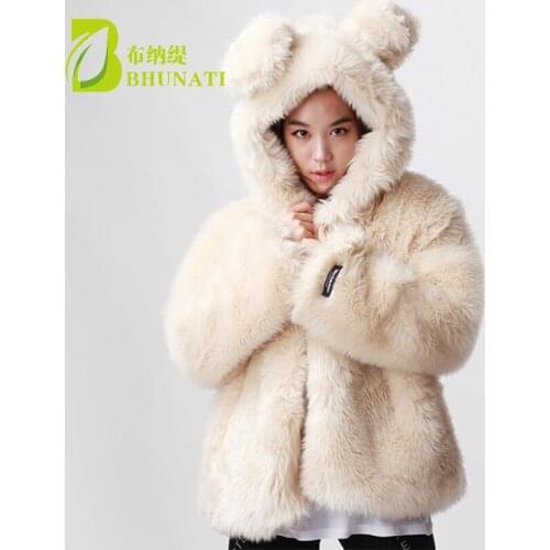 2018 Women Faux Fur Coat Hooded With Rabbit Ear Winter Warm thick Jacket Long Sleeve Women Fur Coats Casaco Pele Falso Outwear
