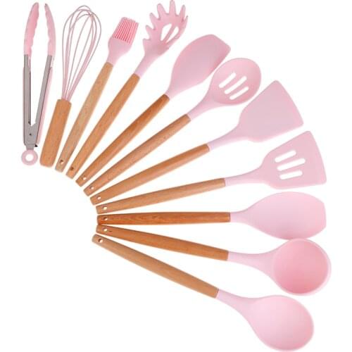 Silicone Cooking Utensils Set Non-stick Spatula Shovel Wooden Handle Cooking Tools Set With Storage Box Kitchen Tools