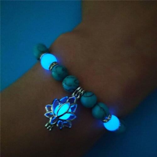 Luminous Glowing In The Dark Moon Lotus Flower Shaped Charm Bracelet For Women Yoga Prayer Buddhism Jewelry with Natural Stones