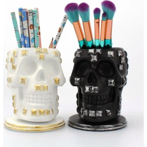 Rotating Skull Makeup Storage Container Resin Rivet Head Skeleton Home Ornament Stationery Holder Jewellery Bathroom Organizer