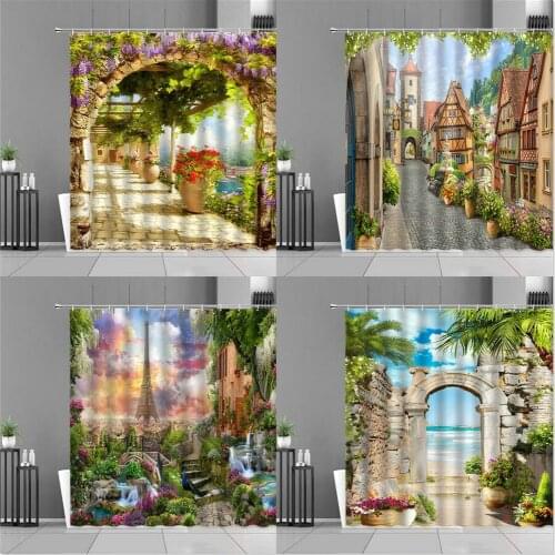 Nordic Garden Scenery Shower Curtain Europe Architecture Tower Floral Plant Street Landscape Bath Curtains Waterproof Wall Cloth