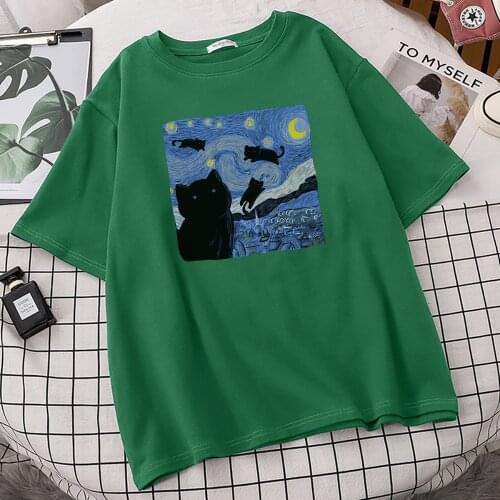 Vincent Van Gogh Starry Night Cat In The Paint Womens Tshirts Fashion Home Tops Casual Brand Tshirt Casual Summer T Shirt Woman
