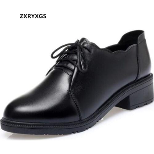 2020 New Top Cowhide Lace-up Womens Leather Shoes Thick Heels Large Size Comfortable Casual Shoes Woman Elegant Fashion Shoes
