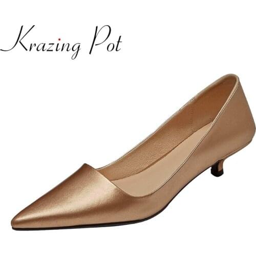 Krazing pot large size genuine leather pointed toe shallow med heel gentlewomen beauty girl office lady slip on women pumps L2f1