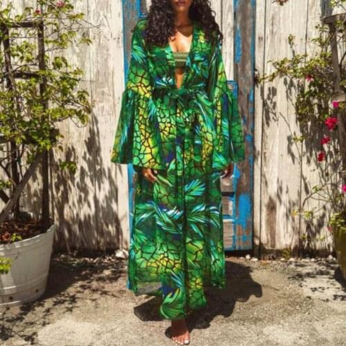 Womens Long Swimsuit Beach Summer Kimono Maxi Dress Cover Up Trendy Print Open Front Flowy Chiffon Beach Cardigan Swimwear