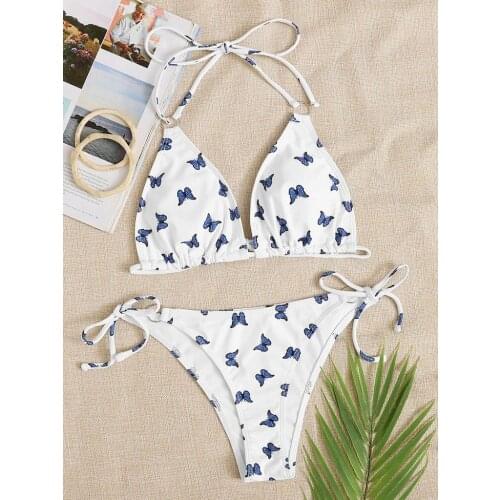 Women Mini Bikini Set Butterfly pattern Lace Up Bandage Push Up Swimsuit Beachwear Padded Swimwear Stroje K Pielowe Damskie