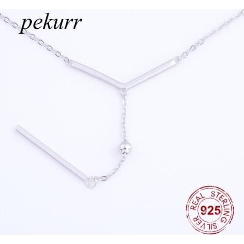 Pekurr Simple Geometric 925 Sterling Silver Long Y Branch Bead Necklaces For Women Pendants Chain Link Fine Jewelry Gifts