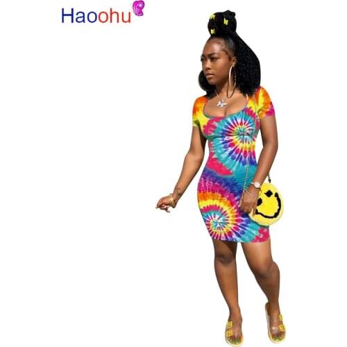 2020 Women Summer Fashion Dress Mini Dress Tie-dye Print Short Sleeve Sexy Bandage Beach Night Club Party Dresses Vestido