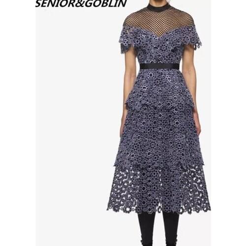 Self Portrait Runway Women Party Dress 2019 Designer Luxury Autumn Embroidery Lace Hollow Out Short Sleeve Stand Collar Dresses