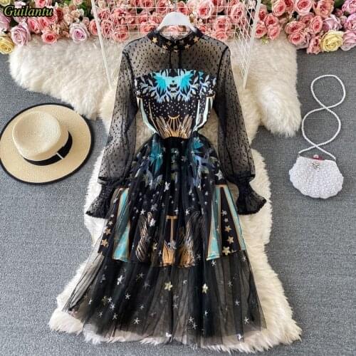 Guilantu Spring Summer Mesh Embroidery Sequins Print Vintage Dress Plus Size Women Clothes Elegant Evening Party Midi Dresses