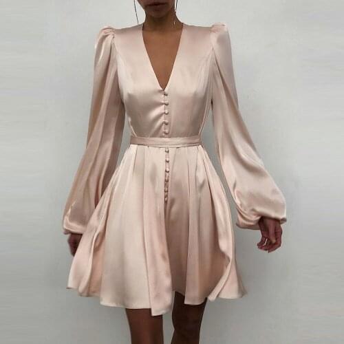 2021 Spring Lantern Sleeve Satin A-Line Dress Women Sexy V-Neck Pleated Dresses Fashion Elegant Single-Breasted Party Mini Dress