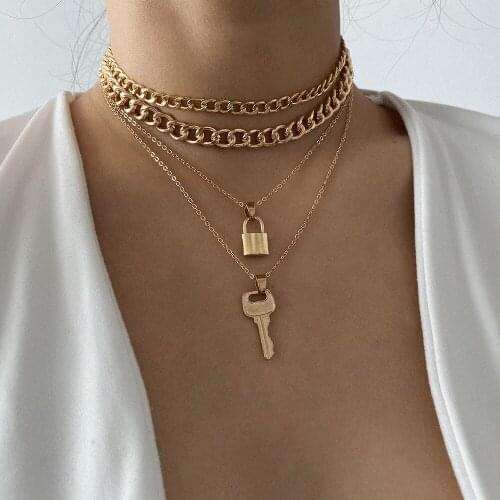 4pcs/set Layered Gold Chain Necklaces for Women Punk Chunky Thick Lock and Key Necklace Choker Trend Jewelry Girl Gift