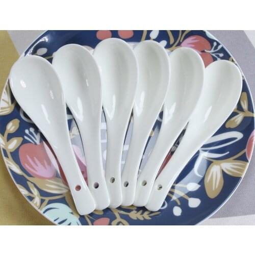 6pcs /set, white bone china soup spoon, ceramic table spoons for soup and rice, chinese rice scoop, ice cream dessert spoon