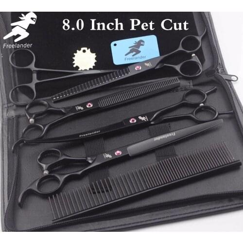 8 "Professional pet grooming kit, direct and thinning scissors and curved pieces 4 pieces. black scissors set