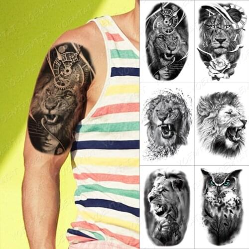 Clock Lion Gear Temporary Tattoo Sticker For Men Women Rose Flower Owl Wolf Waterproof Fake Henna Tiger Animal Body Art Tatoo