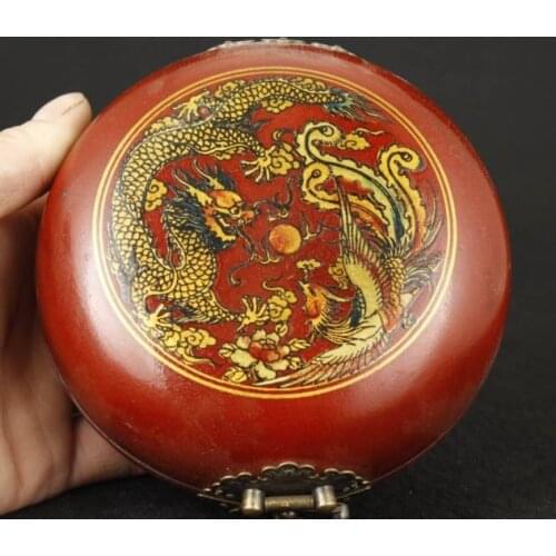 Exquisite Chinese Classical Red Old Collectable Handwork Painted with Dragon Phoenix Compass and Box