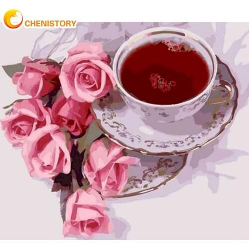 CHENISTORY Painting By Number Flower Rose Modern DIY Frame Handpainted On Canvas Coloring By Numbers Black Tea For Home Decor