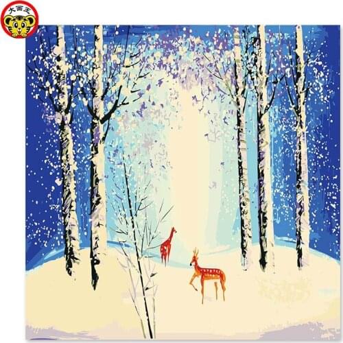 Painting by numbers art paint by number Digital painting forest deer Spring summer autumn and winter Winter snow love deer, mate