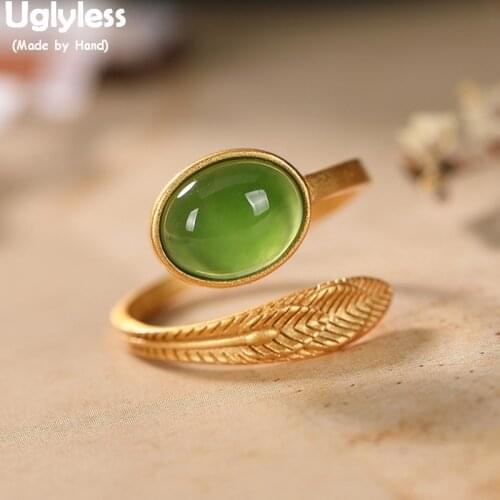 Uglyless Real Silver Feather Leaves Rings for Women Natural Jasper Rings Oval Gemstones 925 Silver Simple Fashion Jade Jewelry